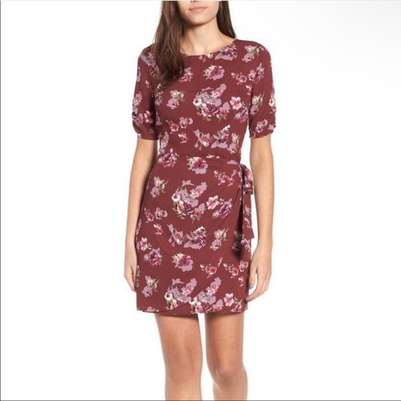 ASTR Wrap Front Floral Mini Dress in Burgundy - Picture 1 of 7